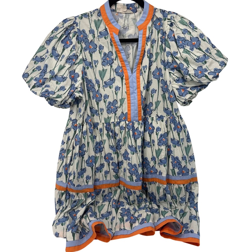Entro Blue Floral Cotton Babydoll Dress Puff Sleeve Orange Trim D25943 L
